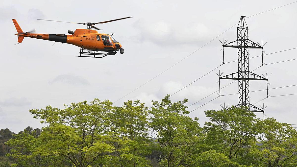 L’helicòpter d’Endesa fent tasques de vigilància en un bosc de Sant Gregori aquest mes de juny