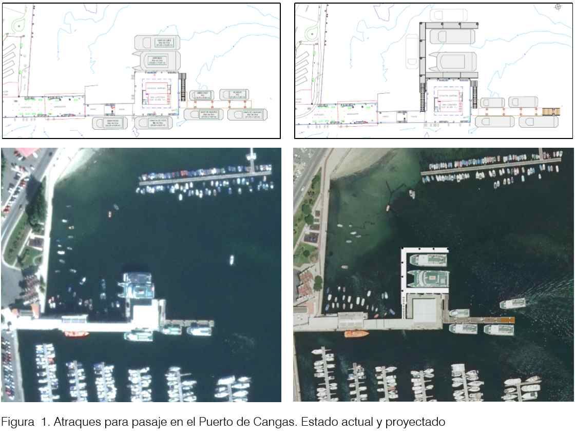 Comparativa de cómo es ahora el muelle de pasajeros y de cómo quedaría con el nuevo pantalán en l zona norte y la prolongación del actual de pasaje.