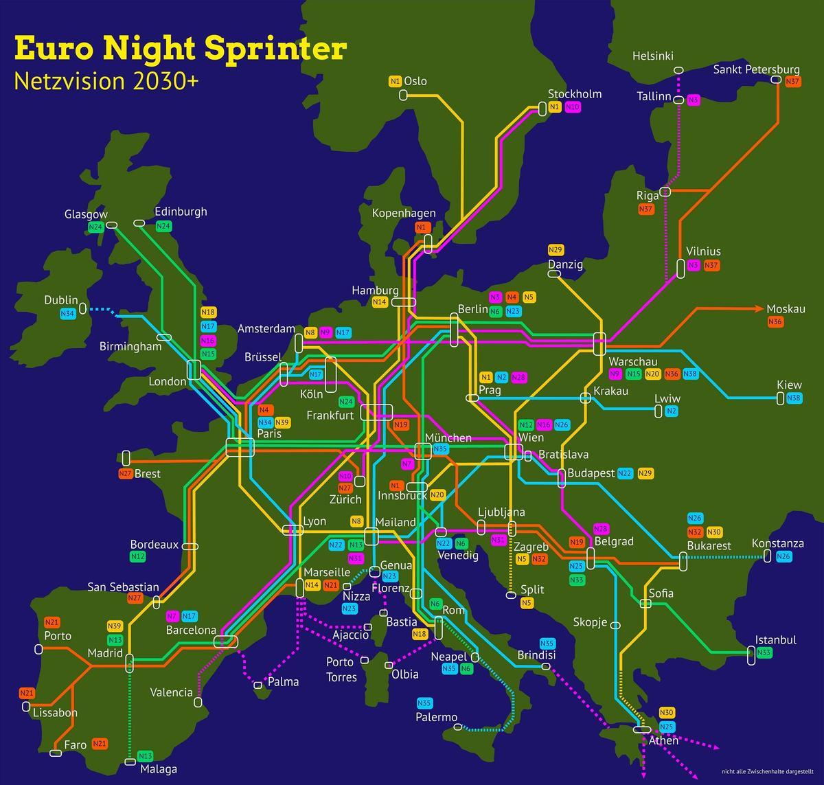 Mapa de trenes nocturnos en Europa propuesto por Los Verdes alemanes