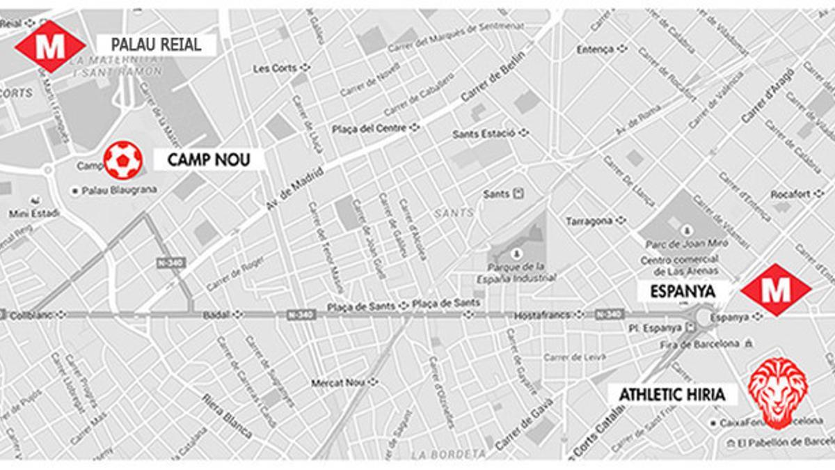 Athletic Hiria, Montjuiceko iturrien alboan egongo da, FC Barcelonaren Fan Zona, berriz, Diagonal hiribidearen amaieran, 'Zona Universitària', zehazki