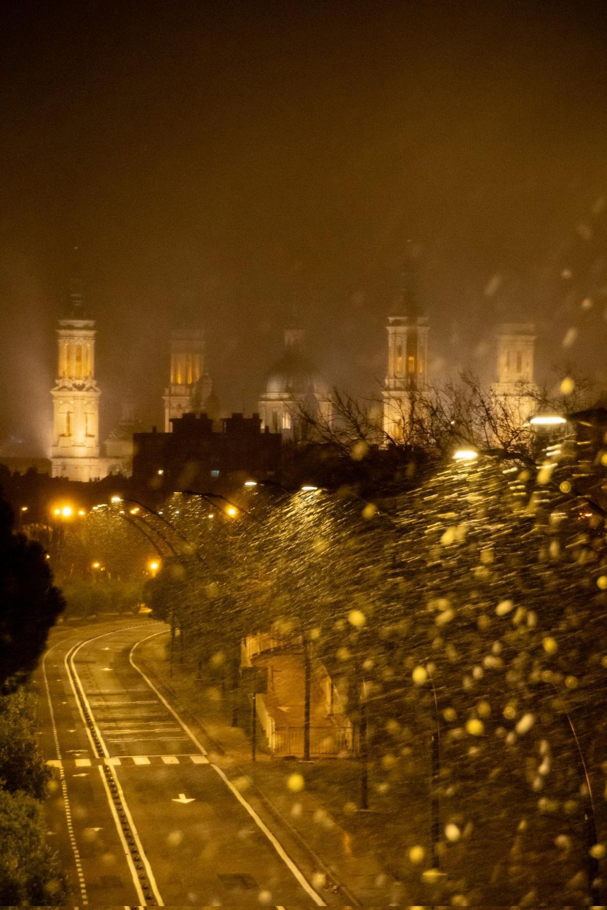 Copos de nieve y de fondo la Virgen del Pilar.