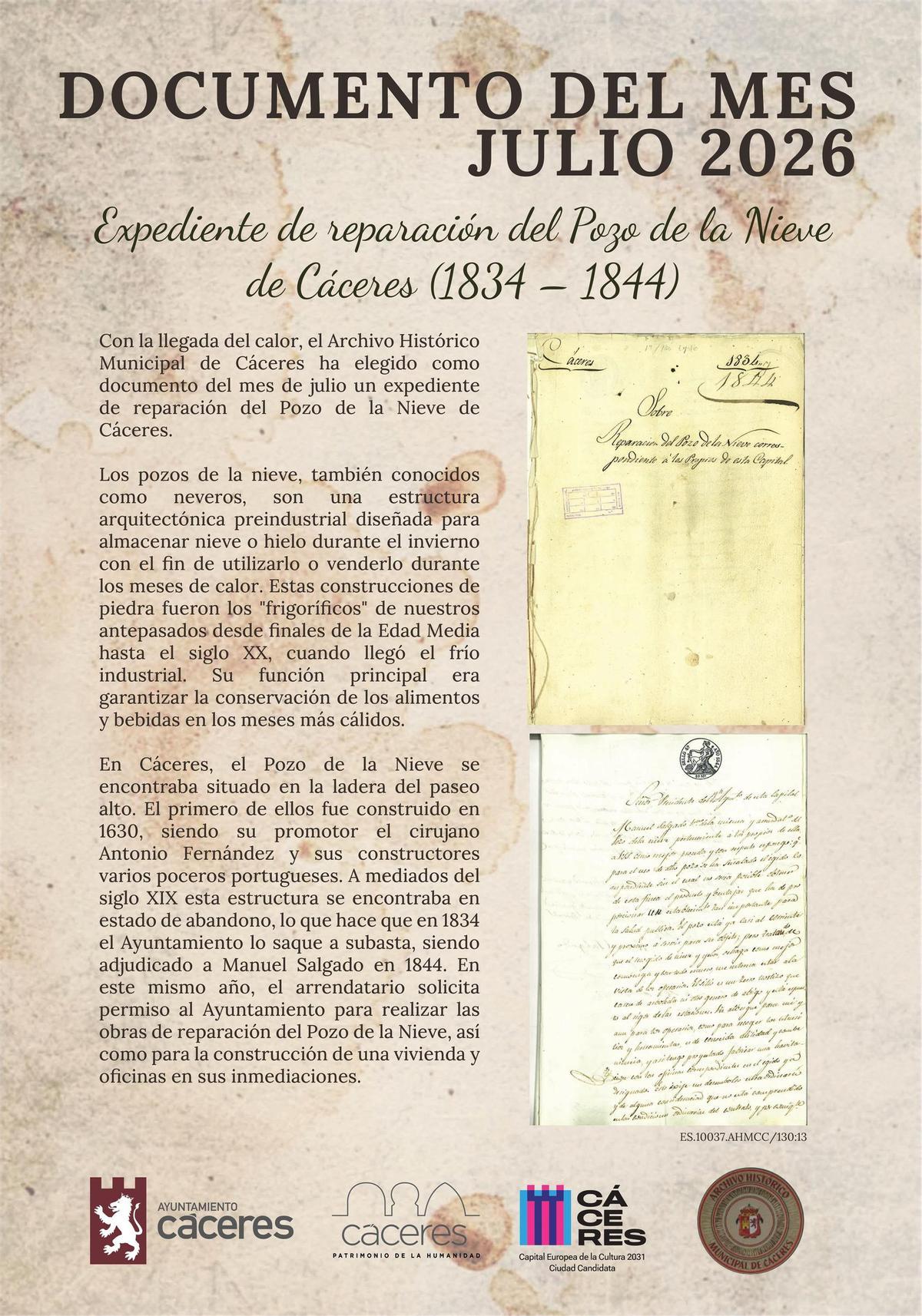 'Expediente de reparación del Pozo de la Nieve de Cáceres (1834-1844)'.