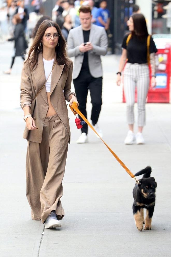 Emily Ratajkowski pasea a su perro por Nueva York, con look 'oversize'