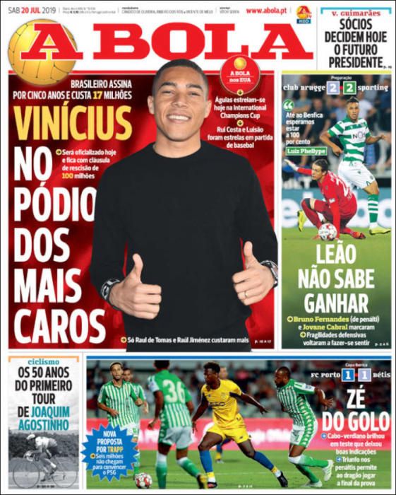 Portada A BOLA sábado 20 julio 2019