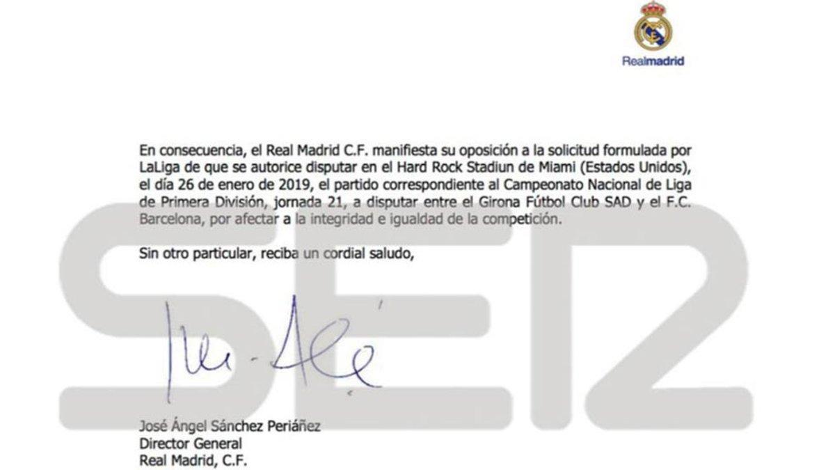La carta de oposición del Real Madrid al partido de Miami