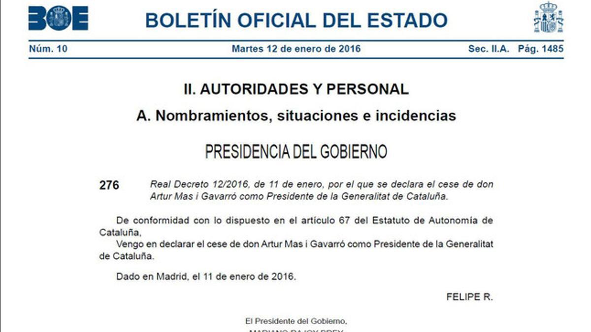 Decreto de cese de Artur Mas publicado en el BOE.
