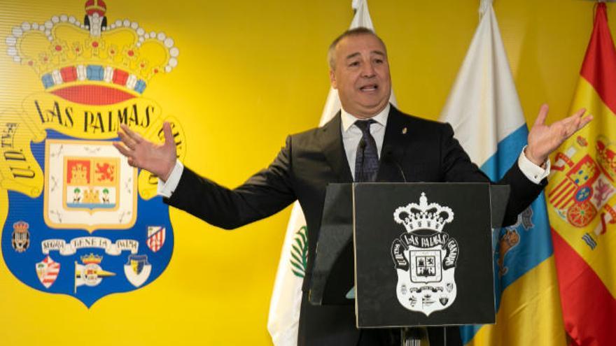 Miguel Ángel Ramírez, presidente de la UD Las Palmas, durante su discurso en la comida de Navidad organizada por el club.