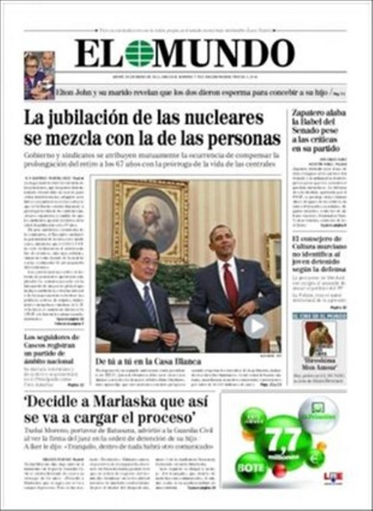 ’El Mundo’ destaca també que l’equip de Francisco Álvarez-Cascos registra un partit de centre reformista i d’àmbit nacional: Fòrum de Ciutadans. També que el PSC recela de Mas i la marxa enrere del Consorci en el ’cas Palau’; que Suïssa ofega les finances del dictador tunisià Ben Ali, i que el sàtrapa Duvalier va tornar a Haití per recuperar la fortuna que li reté Suïssa; que Doñana està acorralada per tres amenaces --el dragatge del Guadalquivir, els cultius il·legals i un nou oleoducte--, i que la Unesco avalua si el parc pot seguir sent reserva de la biosfera.