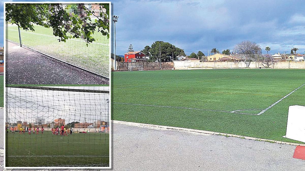 Fotos del estado que presenta actualmente el césped artificial del campo de fútbol municipal de Flors.