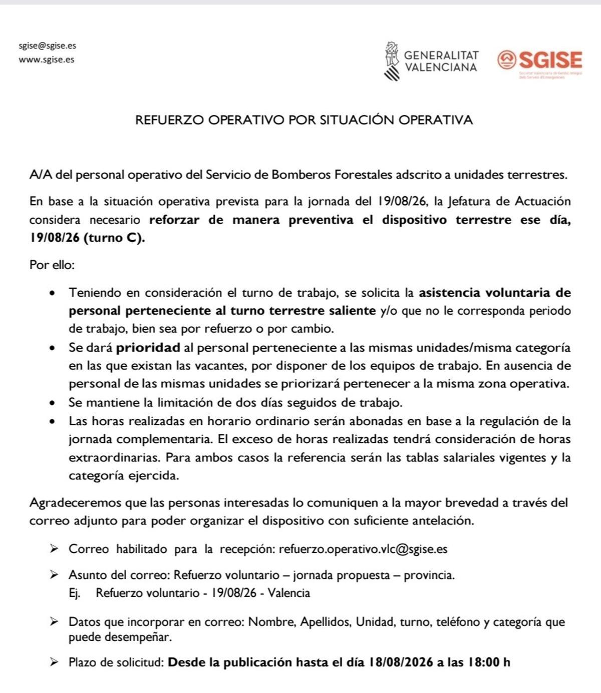 Circular emitida por la Generalitat para reclutar bomberos forestales fuera de turno.