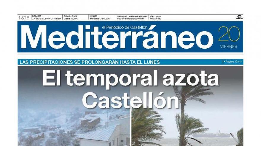 El temporal azota Castellón, en la portada de Mediterráneo