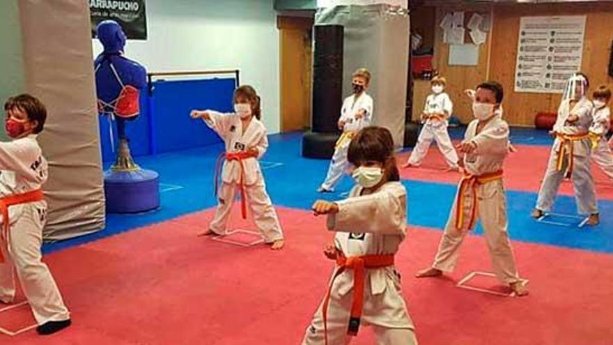 Los alumnos de la Escuela de Taekwondo Garrapucho entrenan con mascarilla.