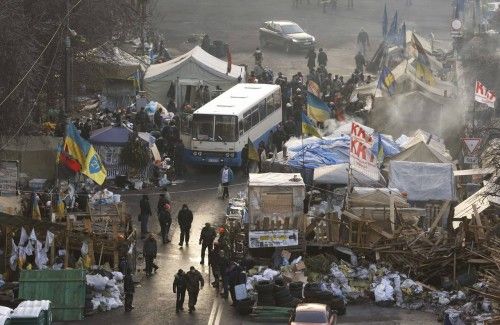 An aerial view shows the anti-government protesters camp in Independence Square in central Kiev