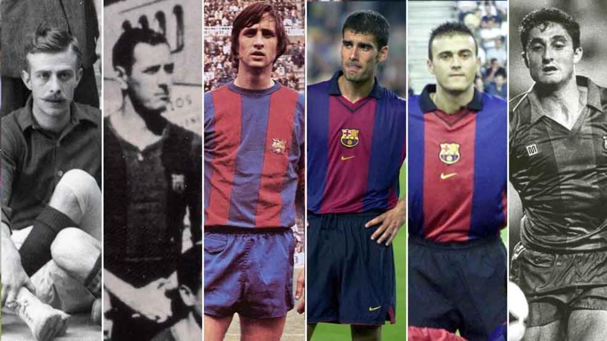 Los seis jugadores del FC Barcelona que han ganado la Copa en el campo y en el banquillo: Forns, Balmanya, Cruyff, Guardiola, Luis Enrique y Valverde