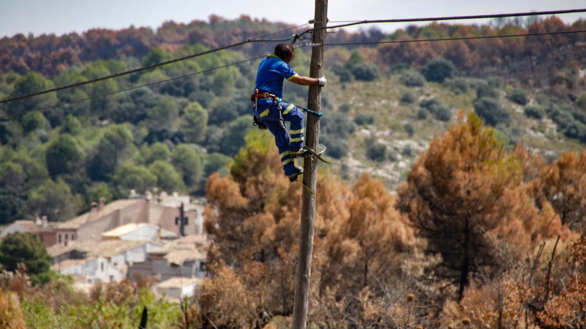 Un operario reparando una línea telefónica en la zona incendiada.