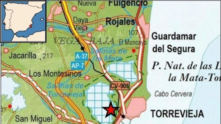 Mapa de la zona deñ seísmo en Torrevieja de 1,6