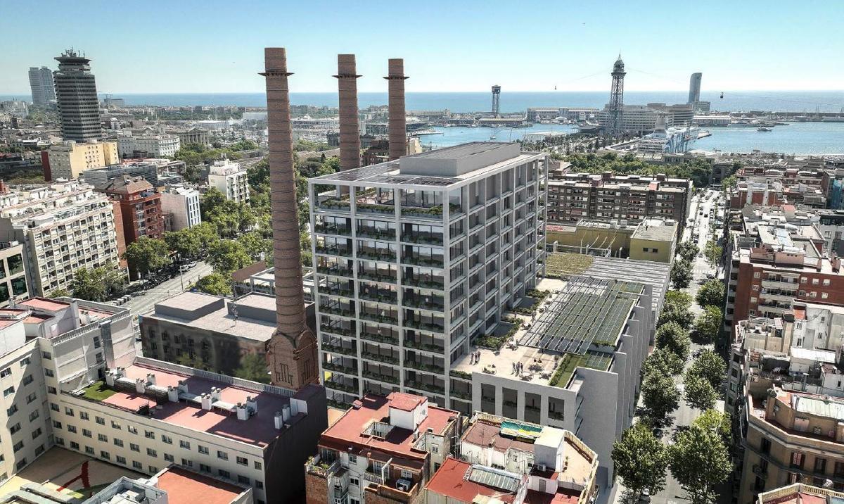 Recreación virtual del futuro edificio de oficinas de las Tres Xemeneies, en Barcelona.