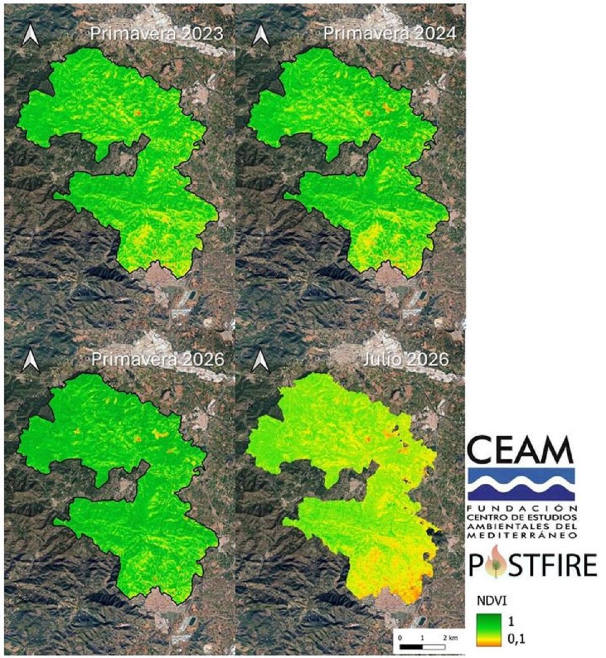 Niveles de verdor en la vegetación de la zona afectada por el incendio de la Vall d'Uixó.