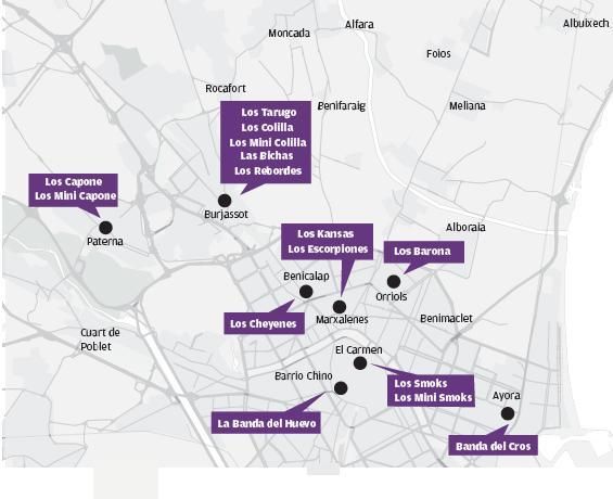 Mapa de las pandillas de València entre las décadas de los 60 y 70.