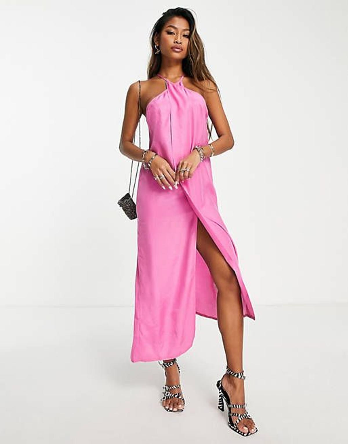 Vestido lencero midi rosa fucsia de tirantes de Topshop