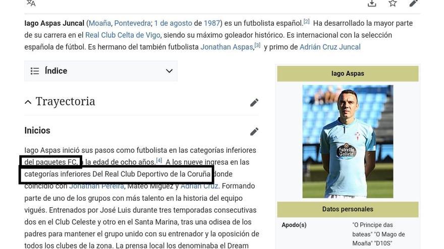 La captura de la biografía de Iago Aspas en Wikipedia según la cual, el jugador de Moaña se formó en las cateorías inferiores del Deportivo y antes en el Paquetes F. C.