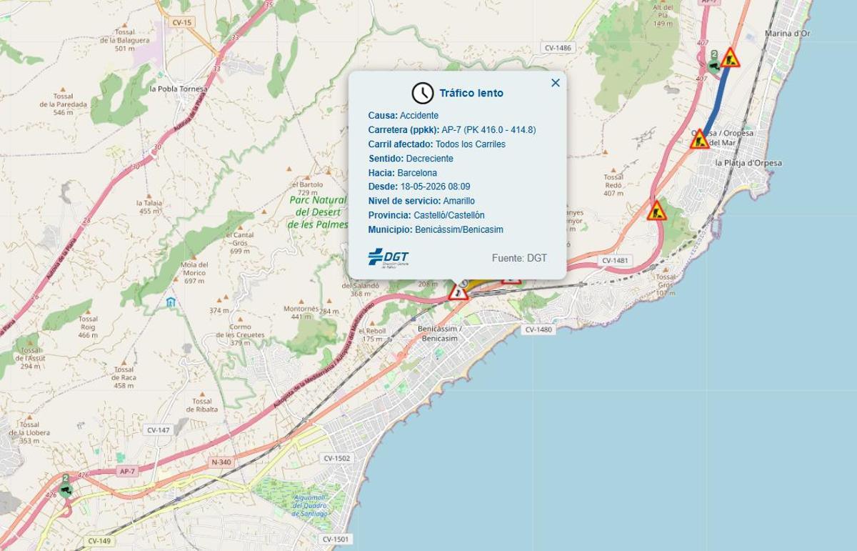 Aviso de la DGT sobre el accidente en Benicàssim