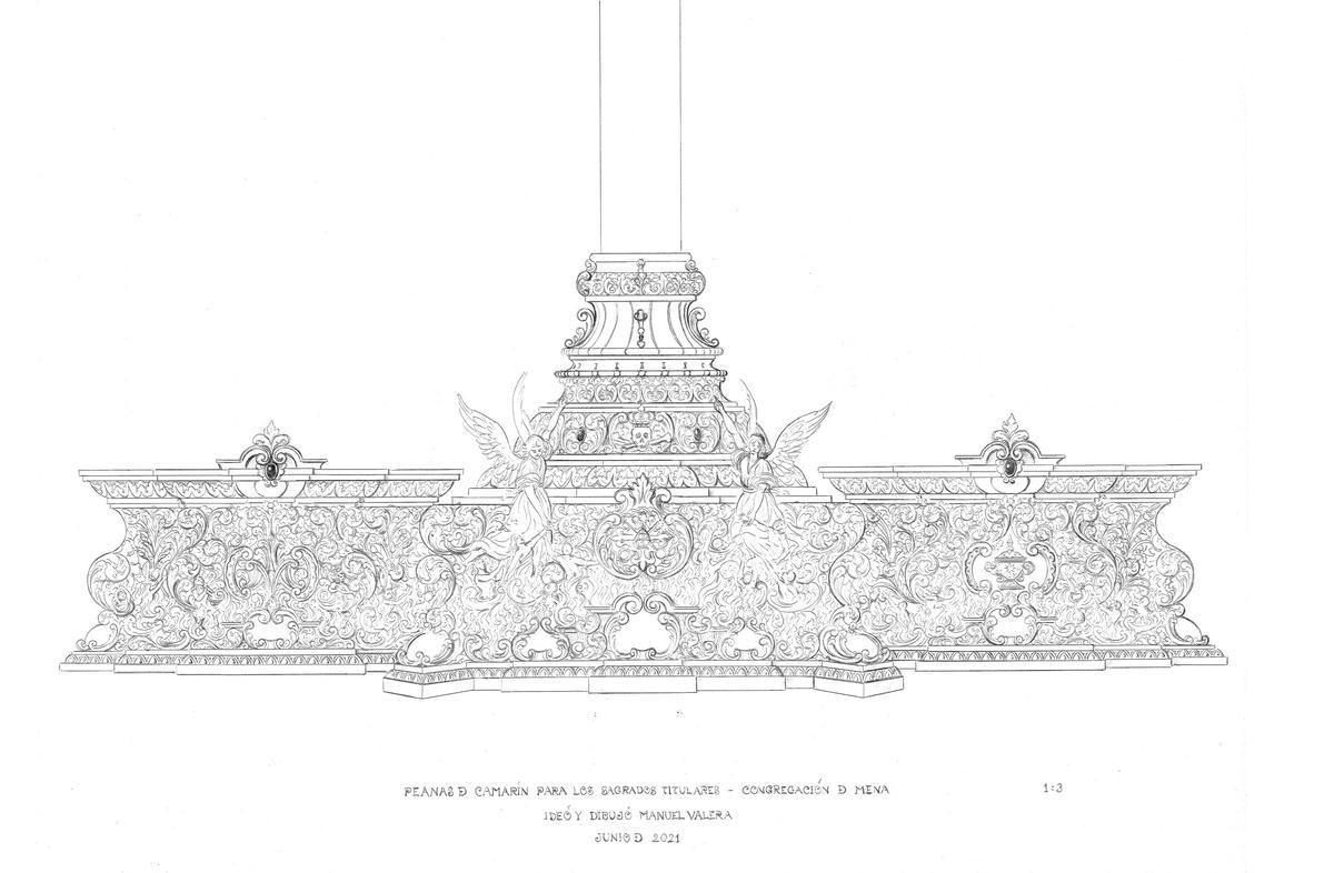 Diseño de las peanas de camarín para los titulares de la Congregación de Mena realizado por el orfebre Manuel Valera.