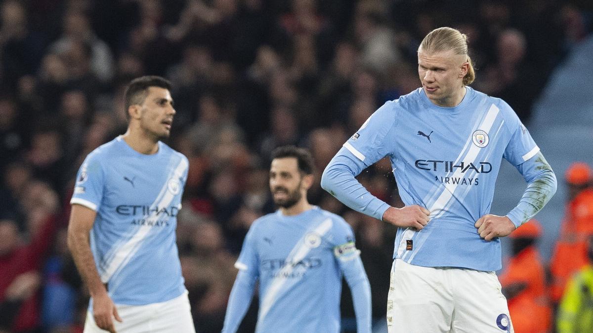 Erling Haaland, Rodri y Bernardo Silva, en el Manchester City