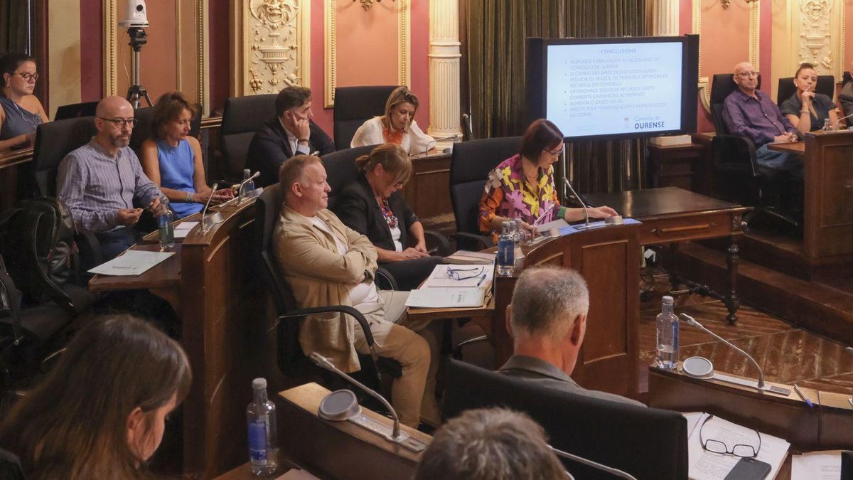 La bancada del Partido Popular ante la pantalla de la que se sirvió el Concello de Ourense para desglosar los presupuestos.