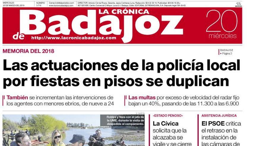 Esta es la portada de LA CRÓNICA DE BADAJOZ correspondiente al día 20 de marzo del 2019