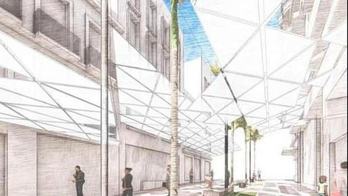 Infografía de la actuación que se quiere ejecutar en la calle Castillo para dotarla de sombra artificial.