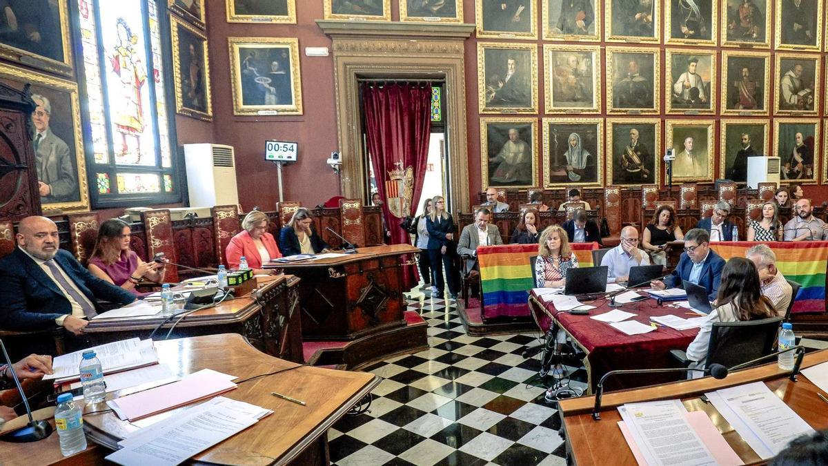 Imagen del pleno de este jueves, con la bandera arcoíris exhibida por la izquierda.