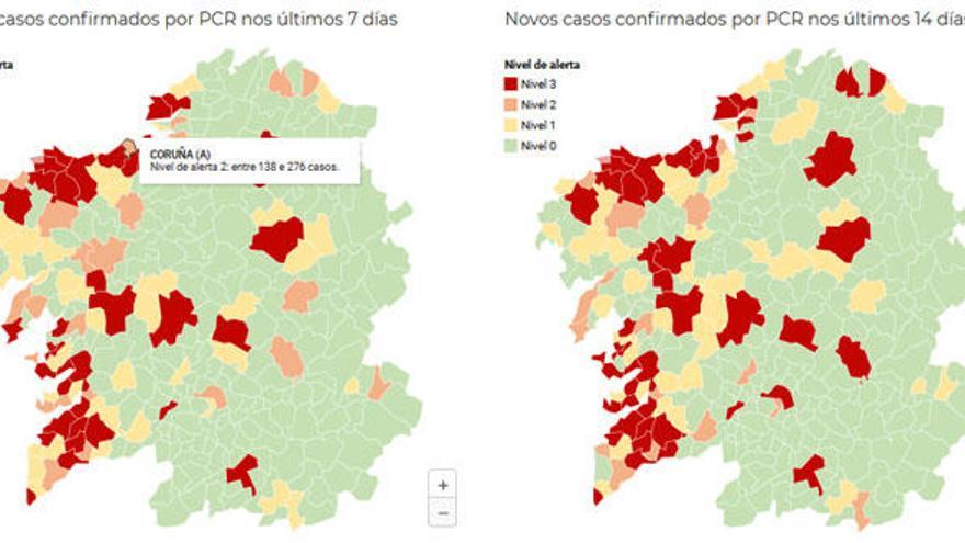 Captura del mapa-semáforo Covid del Sergas, con A Coruña en nivel naranja.