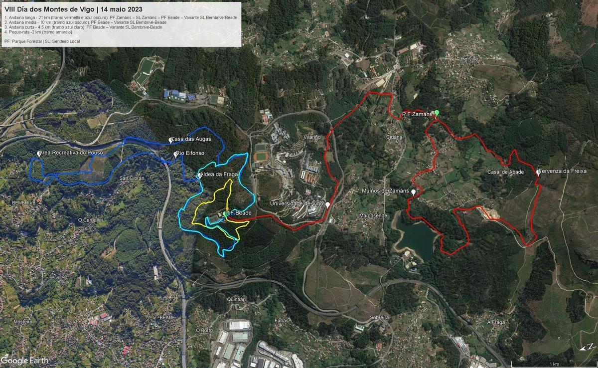 Plano de las rutas de la VIII Andaina polos montes de Vigo.