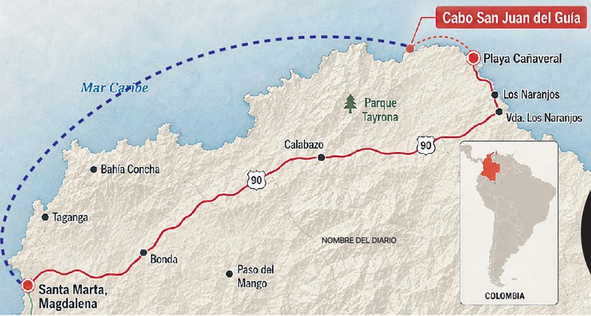 En azul, el trayecto de la lancha-autobús que va de Cabo San Juan a Santa Marta