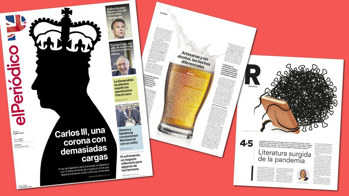 Portada de EL PERIÓDICO premiada con un European Newspaper Award (izquierda), y diseños de Activos y Abril, también galardonados.