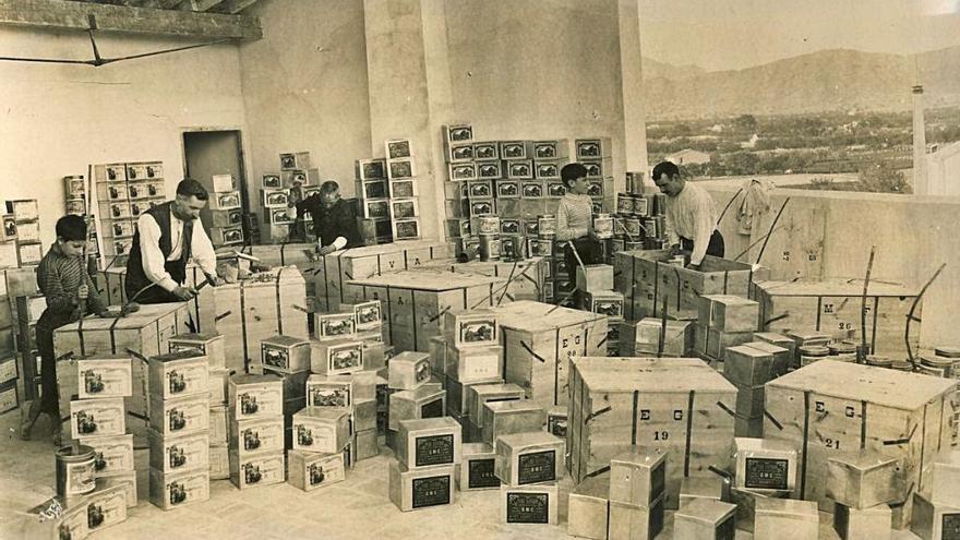Proceso de embalaje en los almacenes de Azafranes Alberola de Novelda a principios del siglo pasado.