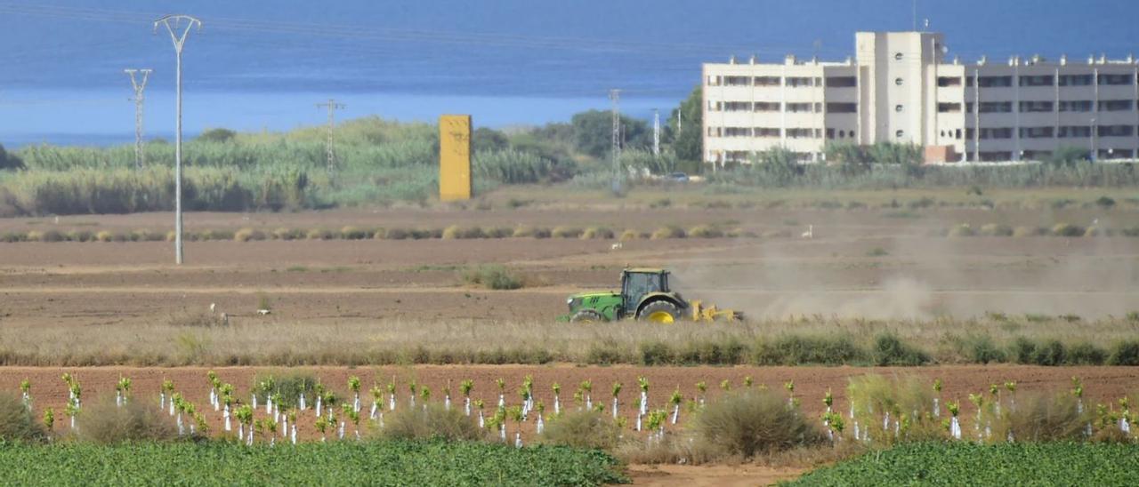 Un tractor trabaja en una parcela cercana al Mar Menor. | IVÁN URQUÍZAR
