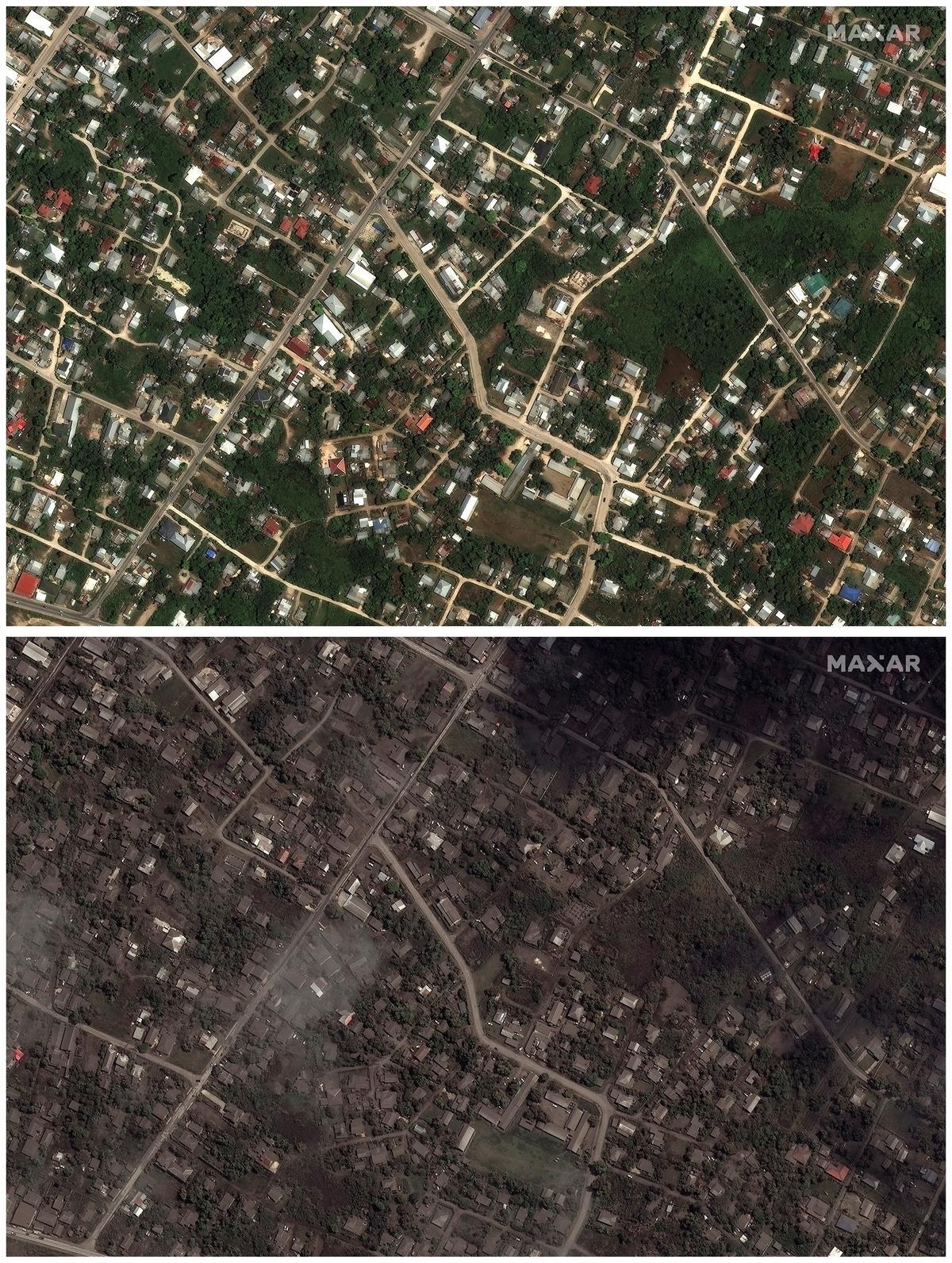 Casas y calles en Nuku’alofa, en Tonga, antes y después de la erupción del volcán.