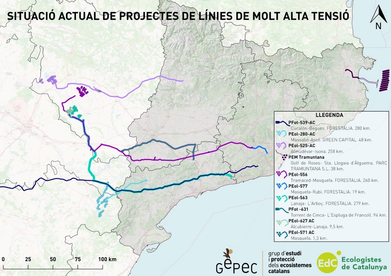 Mapa dels projecte de línies de molt alta tensió que afectarien Catalunya