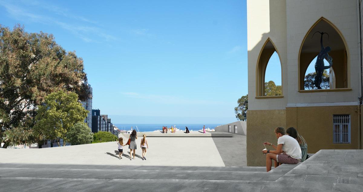 Exterior de la nueva plaza que se creará junto al edificio principal, a modo de mirador del caso y el mar.