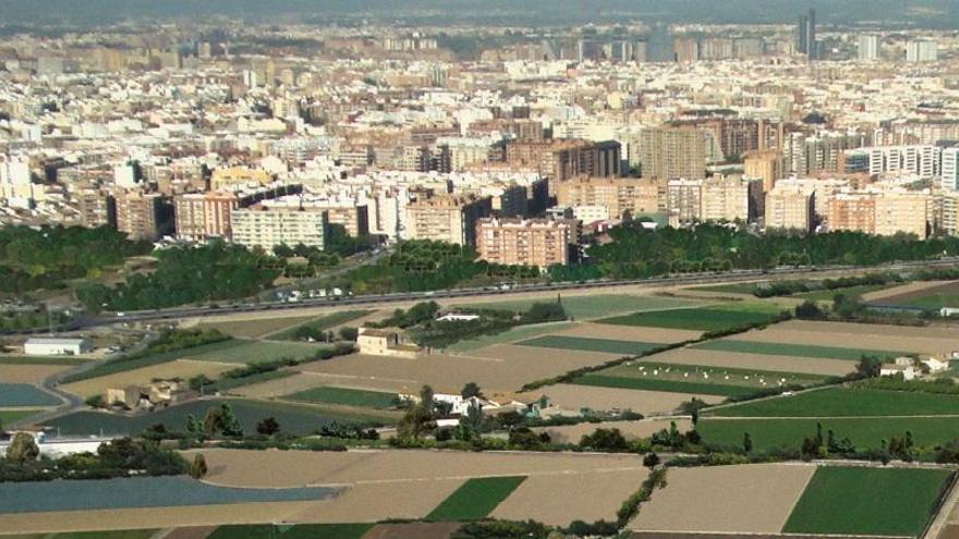 La huerta en primer plano, con Valencia al fondo.