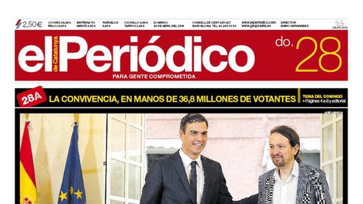 La portada de EL PERIÓDICO del 28 de abril del 2019