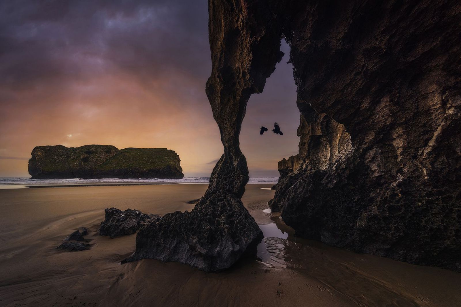 Fotografía titulada «Dos cuervos iban hacia el Oeste», tomada en  la playa de San Martín, en Celoriu.