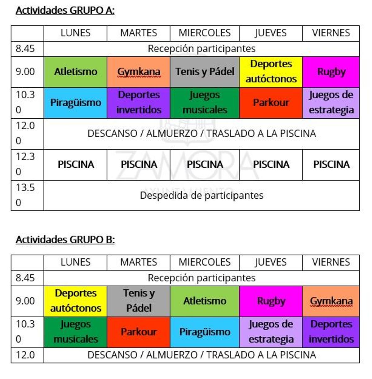 Horario del los grupos A y B de cada semana o turno de la actividad programada por el Ayuntamiento de Zamora para el verano