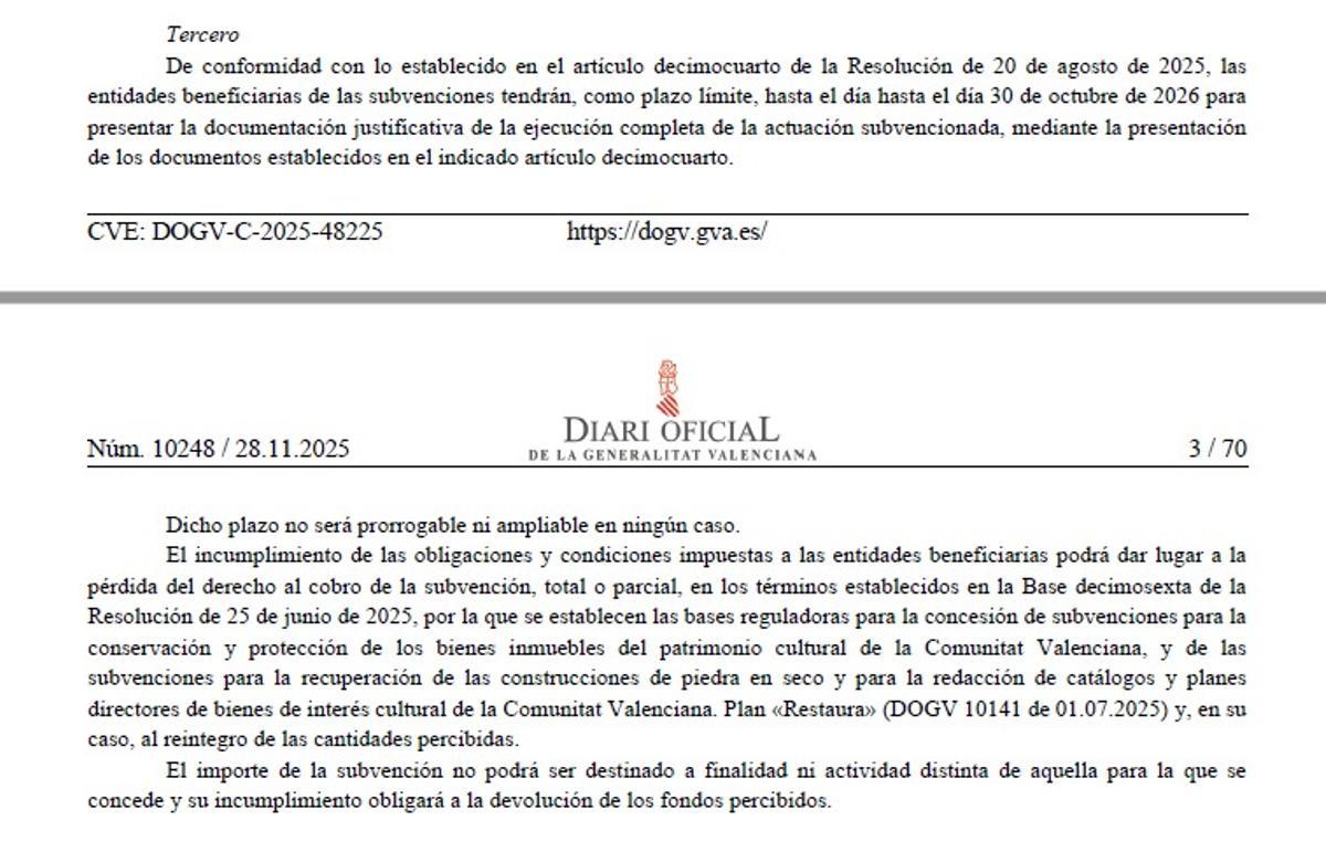 Extracto de la convocatoria autonómica donde se fijan los plazos máximos de ejecución de las obras.