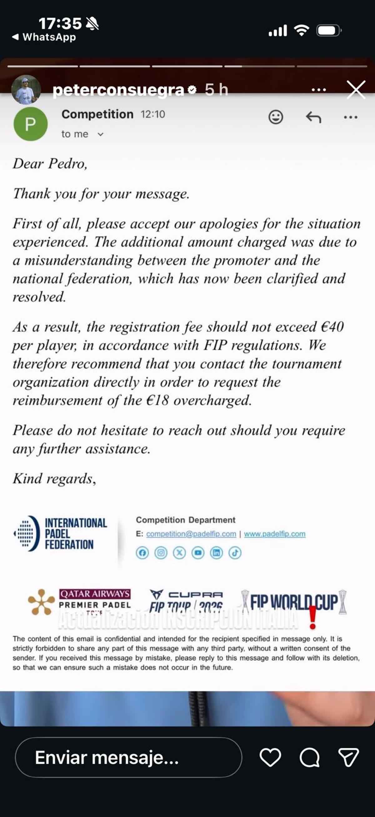 El mensaje de la FIP a Consuegra explicando el error