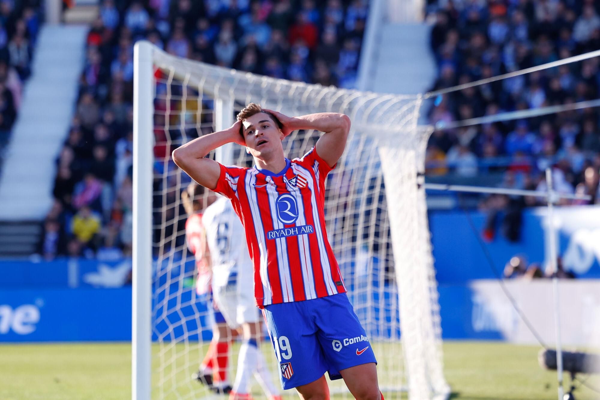 Julian Alvarez of Atletico de Madrid reacts during the Spanish League, LaLiga EA Sports, football match played between CD Leganes and Atletico de Madrid at Butarque stadium on January 18, 2025, in Leganes, Madrid, Spain. AFP7 18/01/2025 ONLY FOR USE IN SPAIN. Dennis Agyeman / AFP7 / Europa Press;2025;SPAIN;SPORT;ZSPORT;SOCCER;ZSOCCER;CD Leganes v Atletico de Madrid - LaLiga EA Sports;