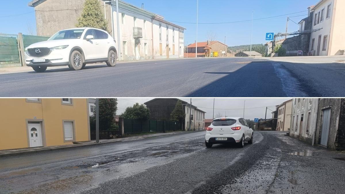 Arriba , estado actual de la N-550 a su paso por A Igrexa (Oroso) y, abajo, tras los temporales