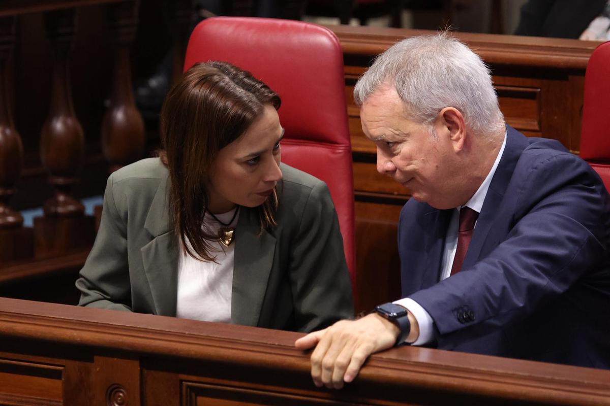 Los socialistas Sebastián Franquis y Nira Fierro comentan en sus escaaños la sesión parlamentaria.